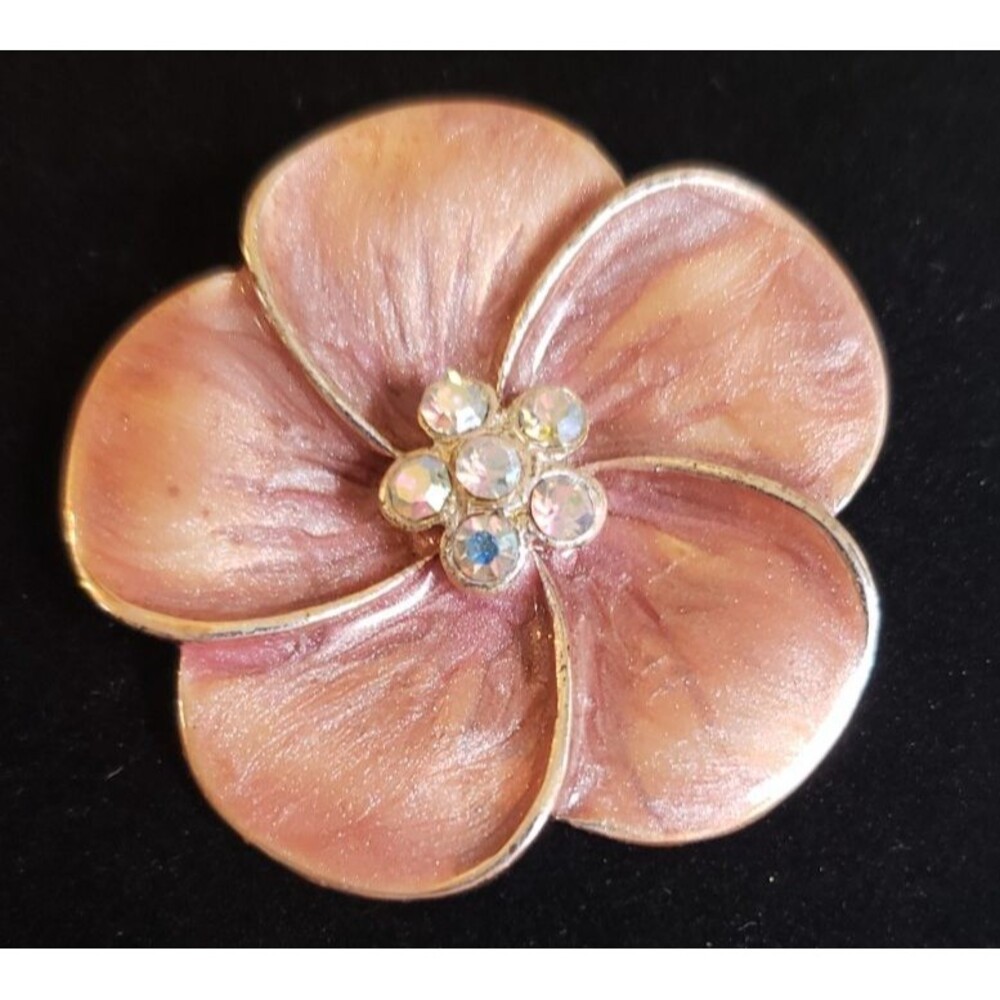 Vintage Pink Enamel Flower Pendant with Rhinstone Center Elegant, Boho, Colorful